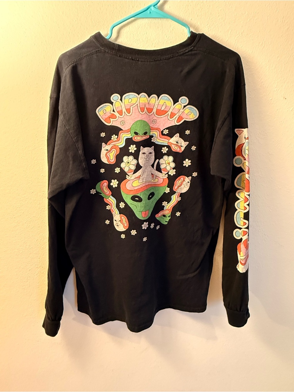 Ripndip Black Long-Sleeve Tee with Colorful Alien & Cat Graphic